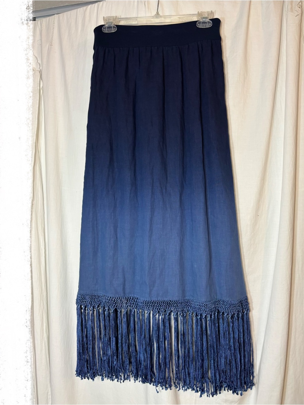 Chico’s linen blue fringe maxi skirt small